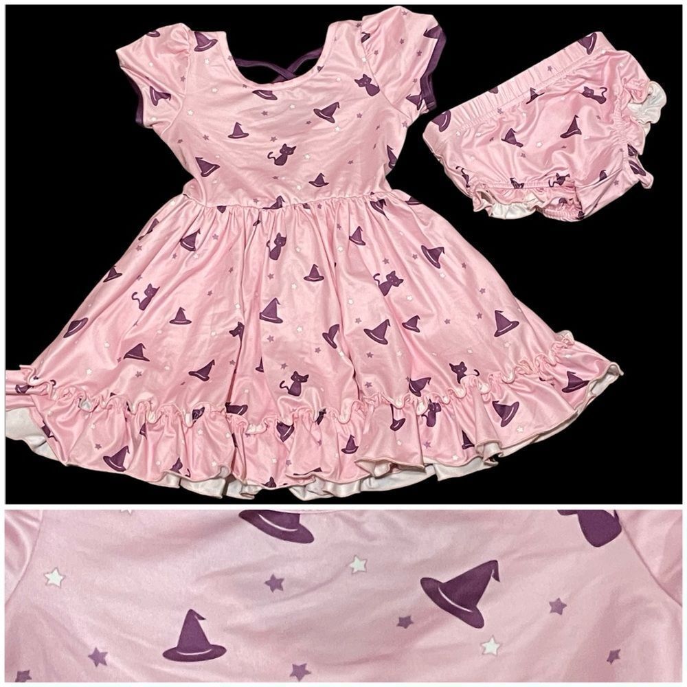 Charlie's Stars and Witches Hat and Cats Twirl Dress Pink Purple White Size 2T